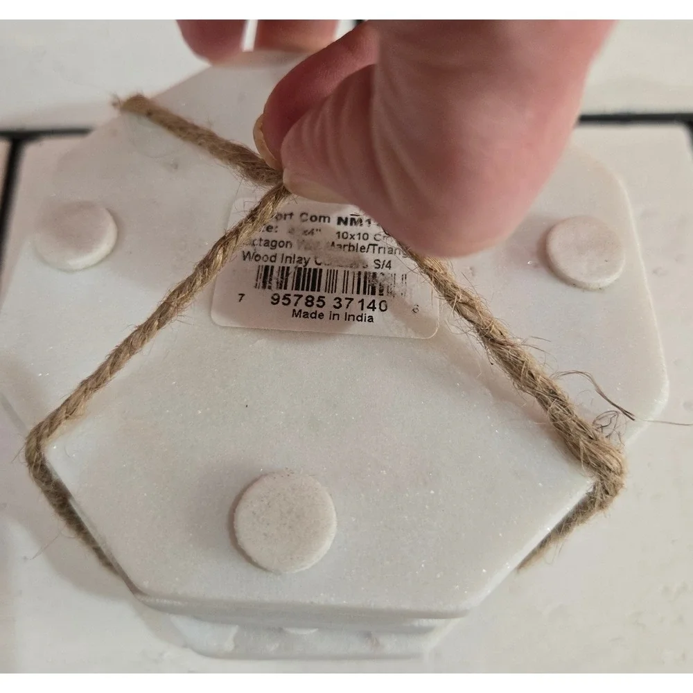 Octagon White Marble and Wood Inlay Heavy Coaster Set of 4 Geometric White Brown